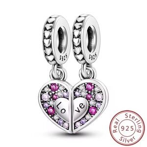 Sterling Silver 'Love' Split Heart Charm Dangle - Pink & Purple Mother Daughter
